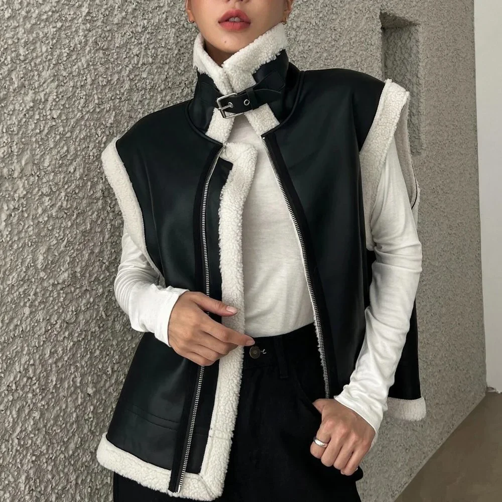 Black And White Boho Womens Contrast Trim Zip Up PU Vest Coat - Picture 2 of 6